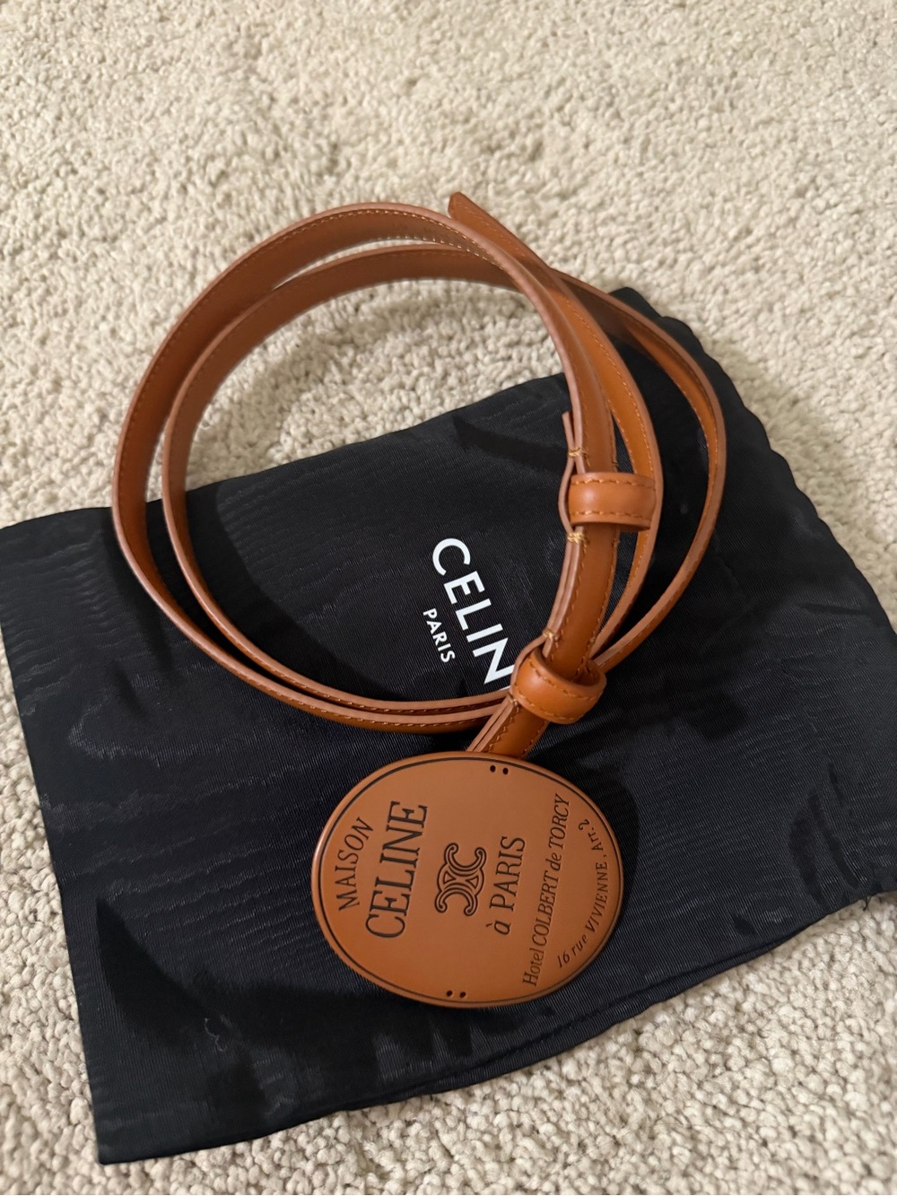 Celine Tan Leather Round Logo Belt